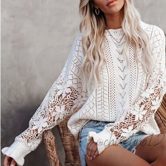 🎉HP🎉NEW Lace Crochet Crew Neck Pullover Sweater - Picture 2 of 8